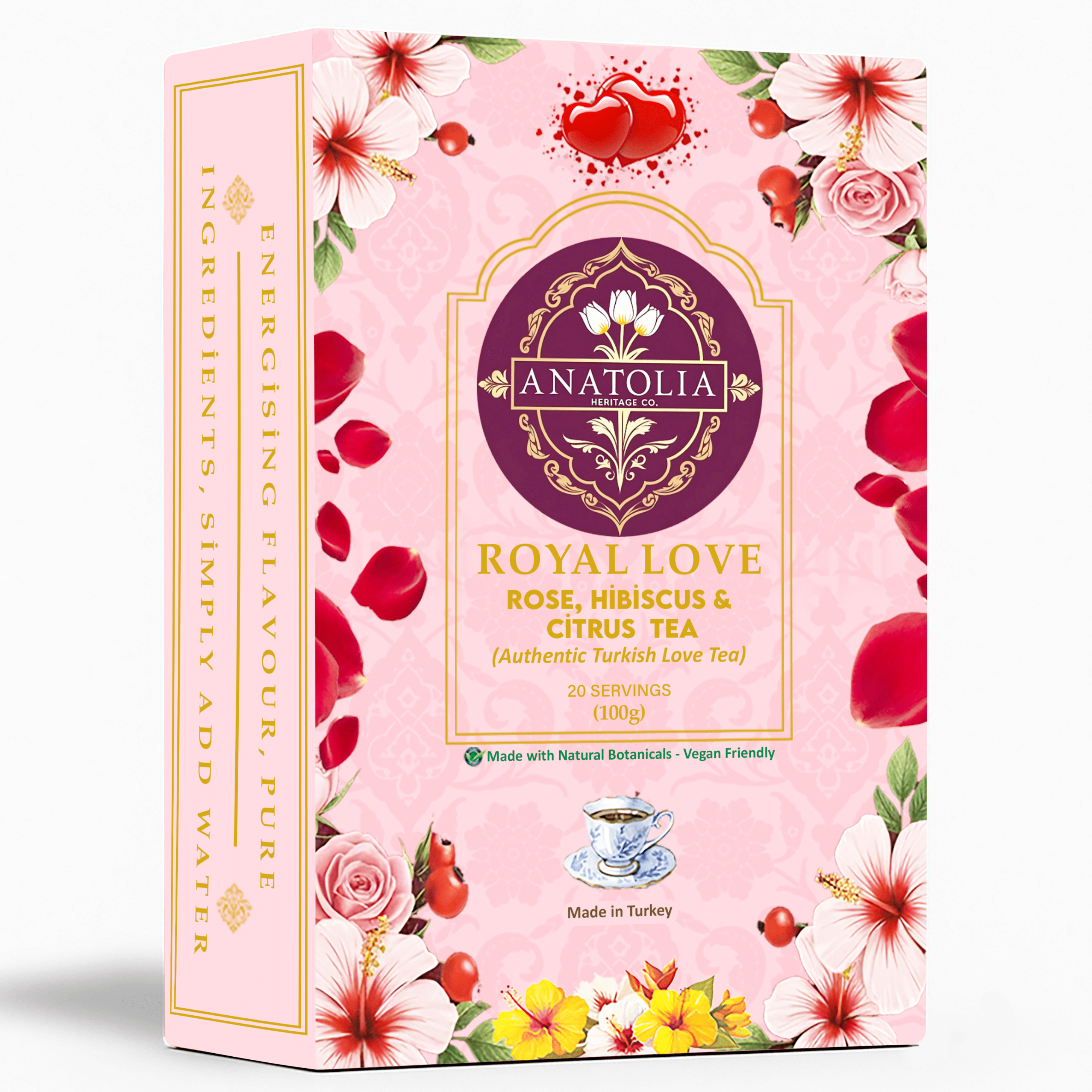 Turkish Love Tea,( Rose, Hibiscus, Rosehip, Citrus Loose Leaf Blend), Caffeine Free, 100g - UK Stock